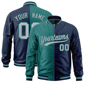 Custom Aqua Navy Split Varsity Full-Zip Two Tone Letterman Bomber Jacket