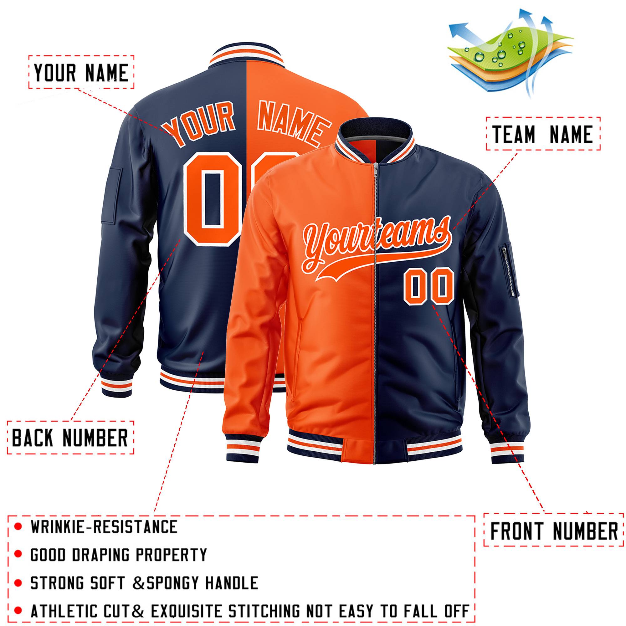 Custom Orange Navy Split Varsity Full-Zip Two Tone Letterman Bomber Jacket