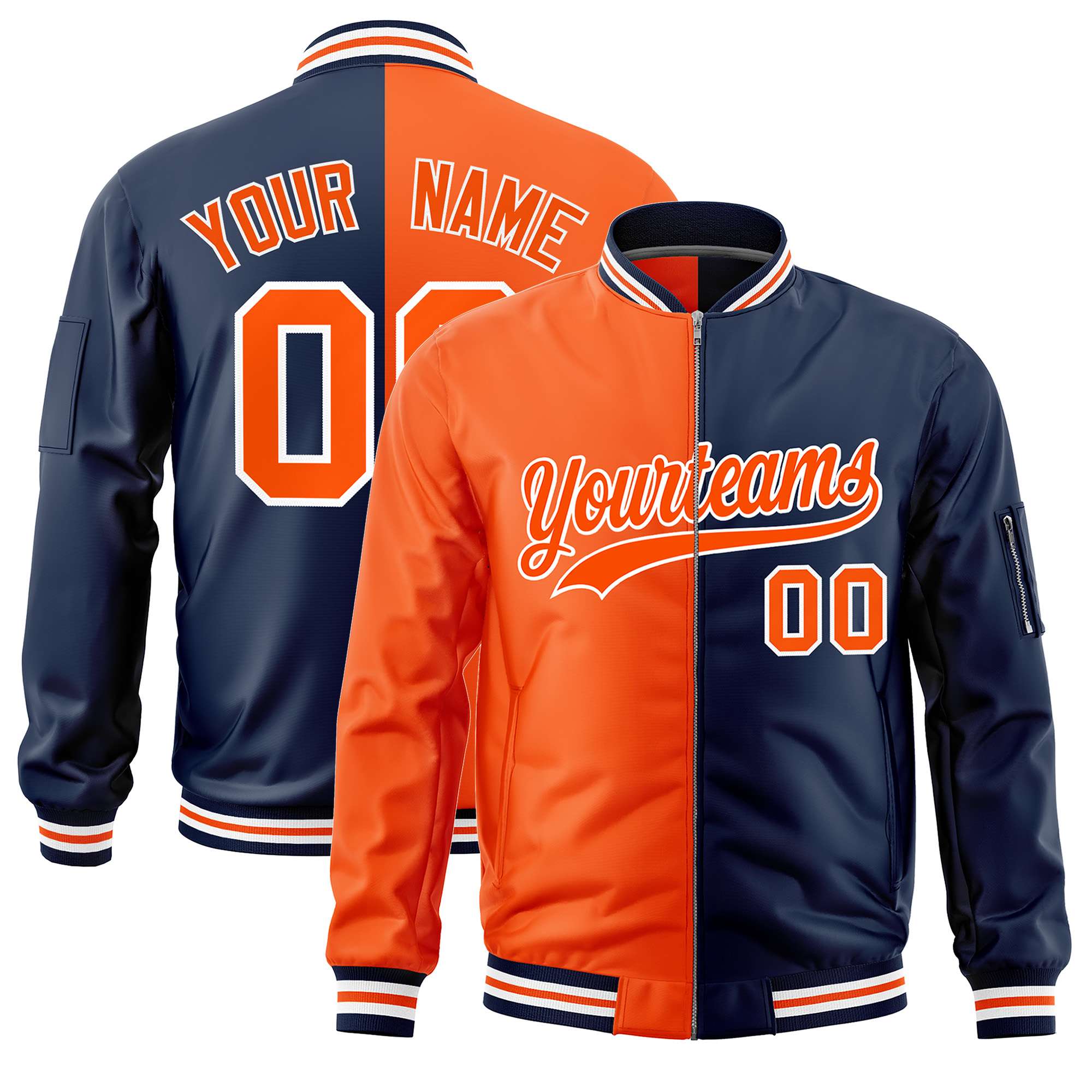 Custom Orange Navy Split Varsity Full-Zip Two Tone Letterman Bomber Jacket