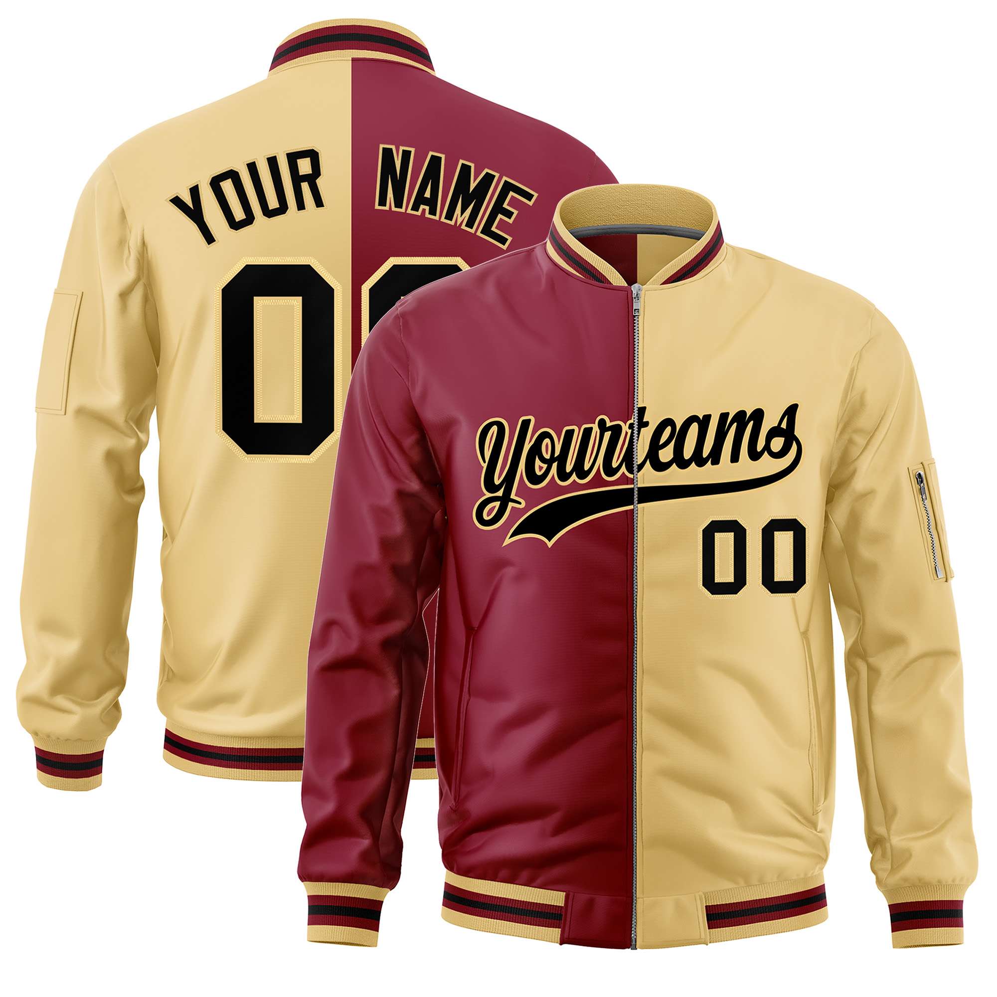 Custom Crimson Khaki Split Varsity Full-Zip Two Tone Letterman Bomber Jacket