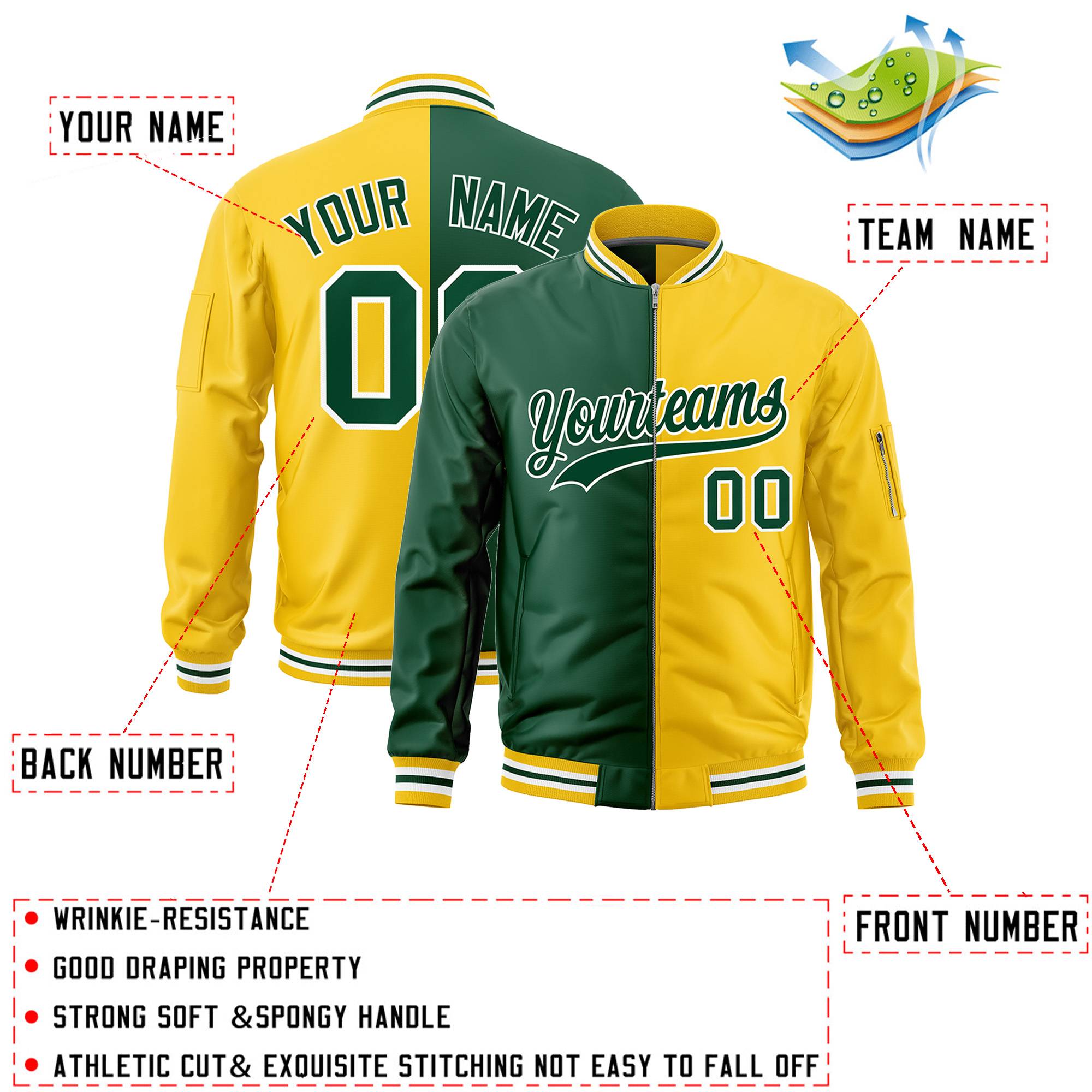 Custom Green Gold Split Varsity Full-Zip Two Tone Letterman Bomber Jacket