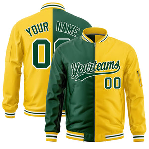 Custom Green Gold Split Varsity Full-Zip Two Tone Letterman Bomber Jacket