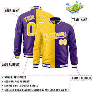 Custom Gold Purple Split Varsity Full-Zip Two Tone Letterman Bomber Jacket