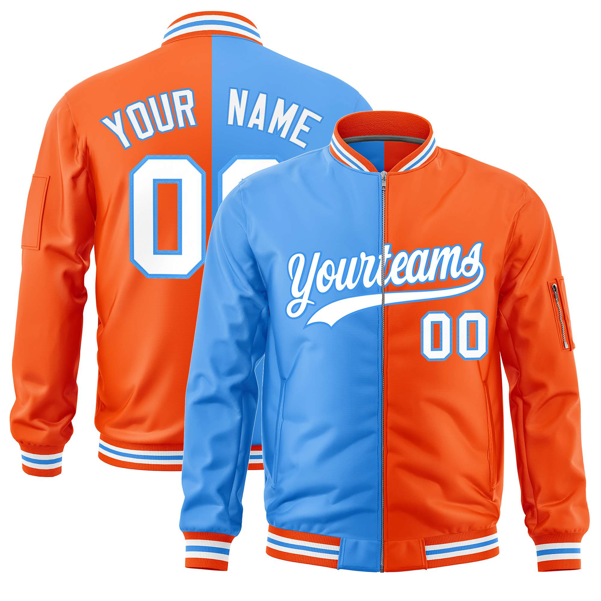 Custom Powder Blue Orange Split Varsity Full-Zip Two Tone Letterman Bomber Jacket