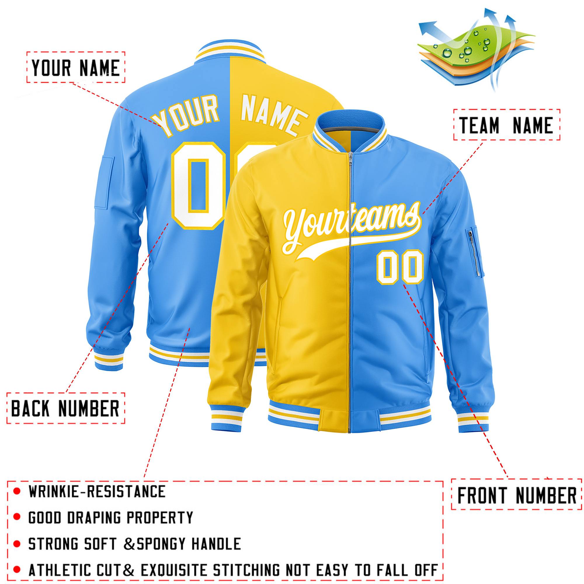 Custom Gold Powder Blue Split Varsity Full-Zip Two Tone Letterman Bomber Jacket