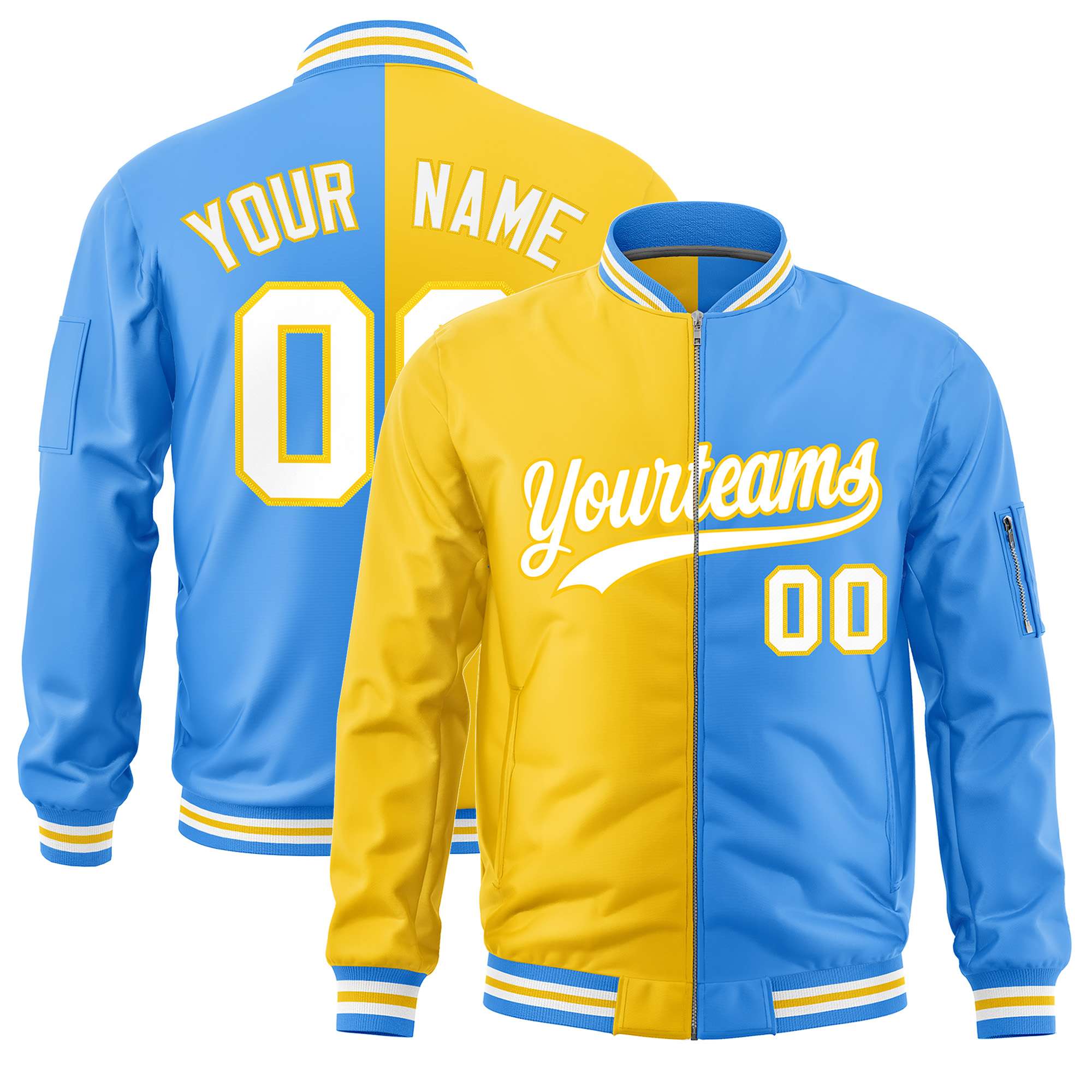 Custom Gold Powder Blue Split Varsity Full-Zip Two Tone Letterman Bomber Jacket