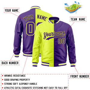 Custom Fluorescent Green Purple Split Varsity Full-Zip Two Tone Letterman Bomber Jacket