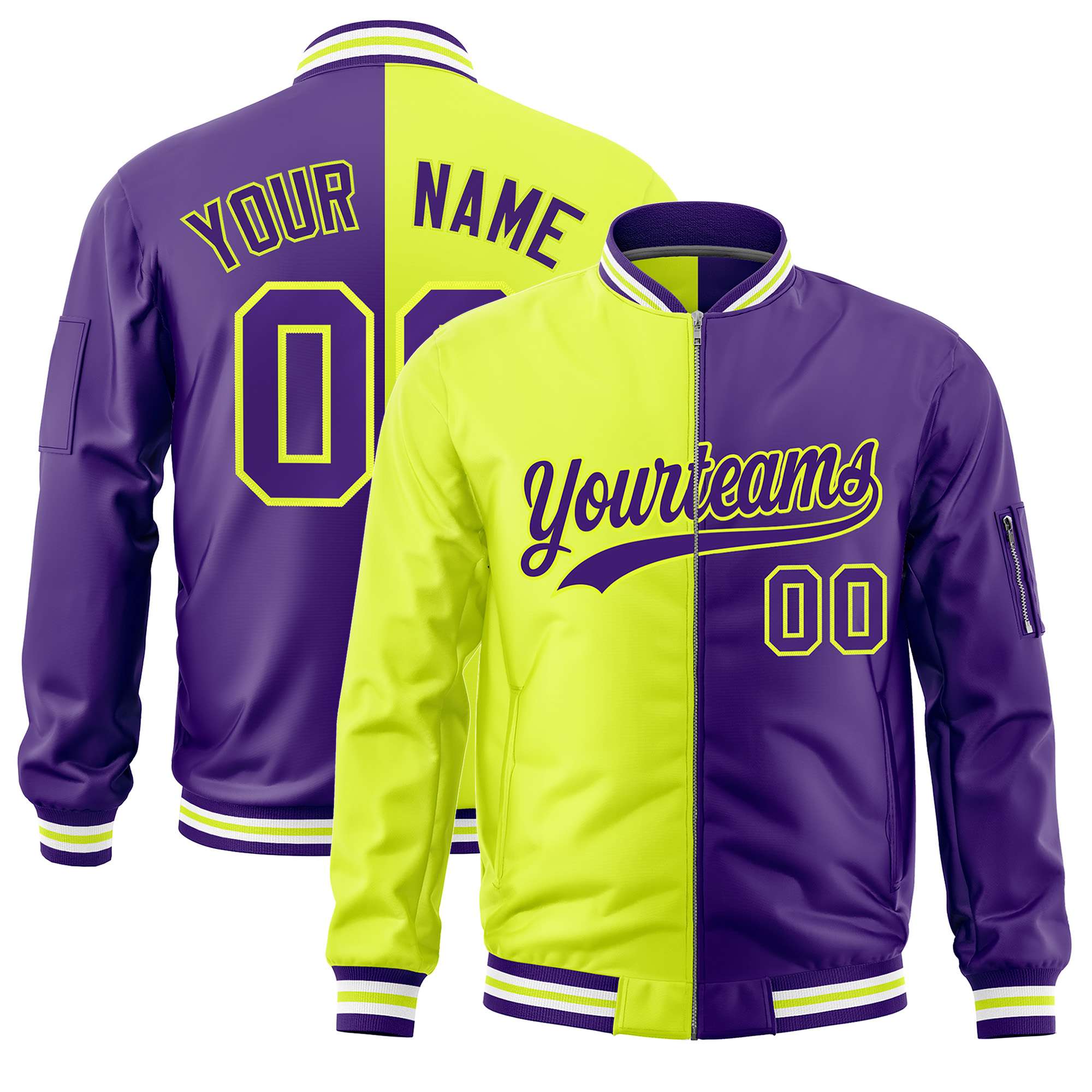 Custom Fluorescent Green Purple Split Varsity Full-Zip Two Tone Letterman Bomber Jacket