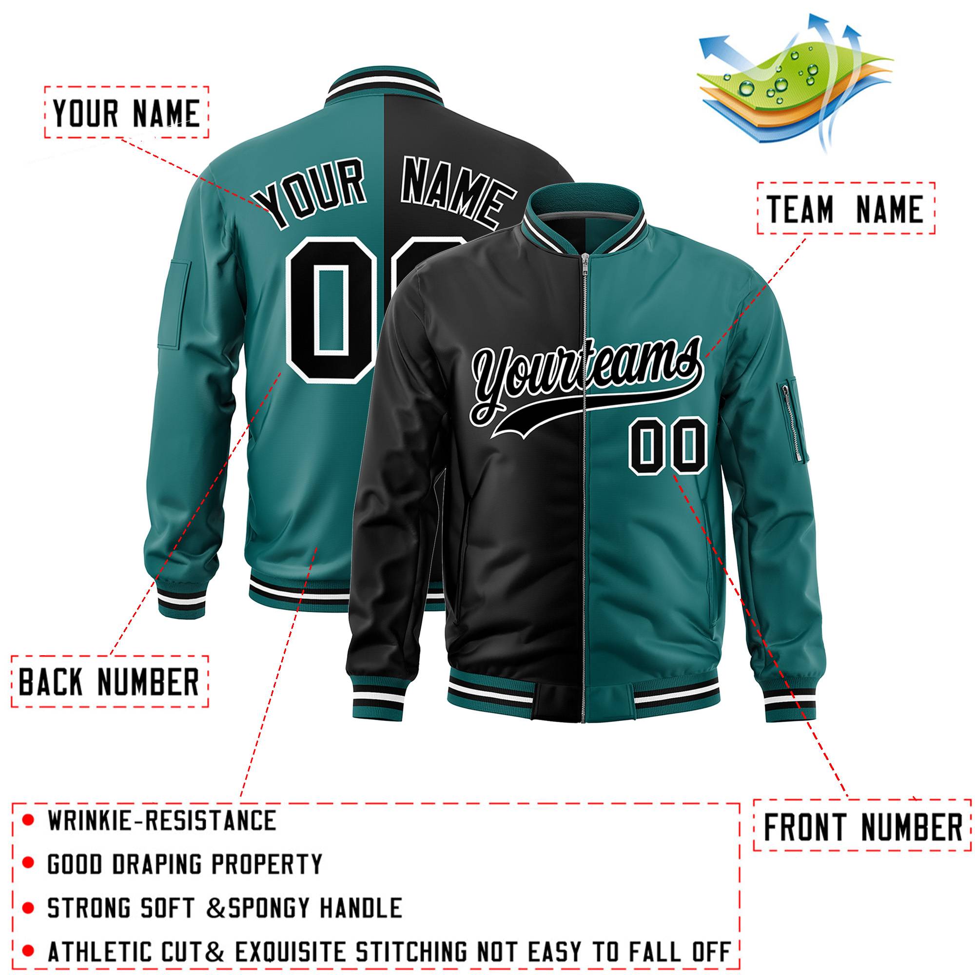 Custom Black Aqua Split Varsity Full-Zip Two Tone Letterman Bomber Jacket