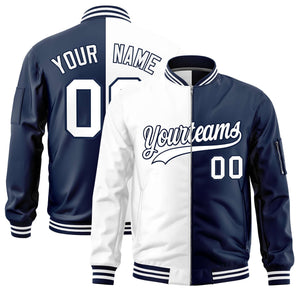 Custom White Navy Split Varsity Full-Zip Two Tone Letterman Bomber Jacket