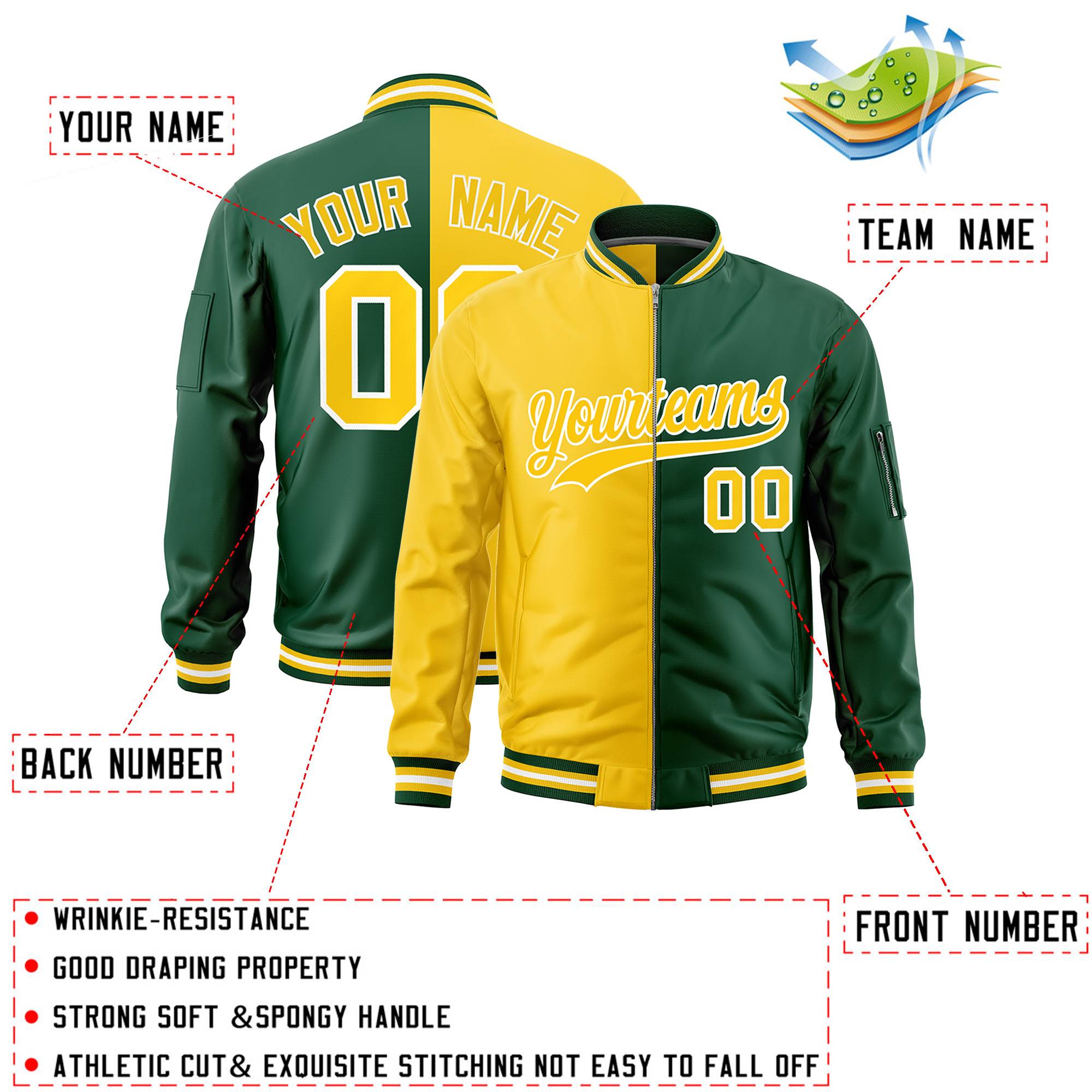 Custom Gold Green Split Varsity Full-Zip Two Tone Letterman Bomber Jacket