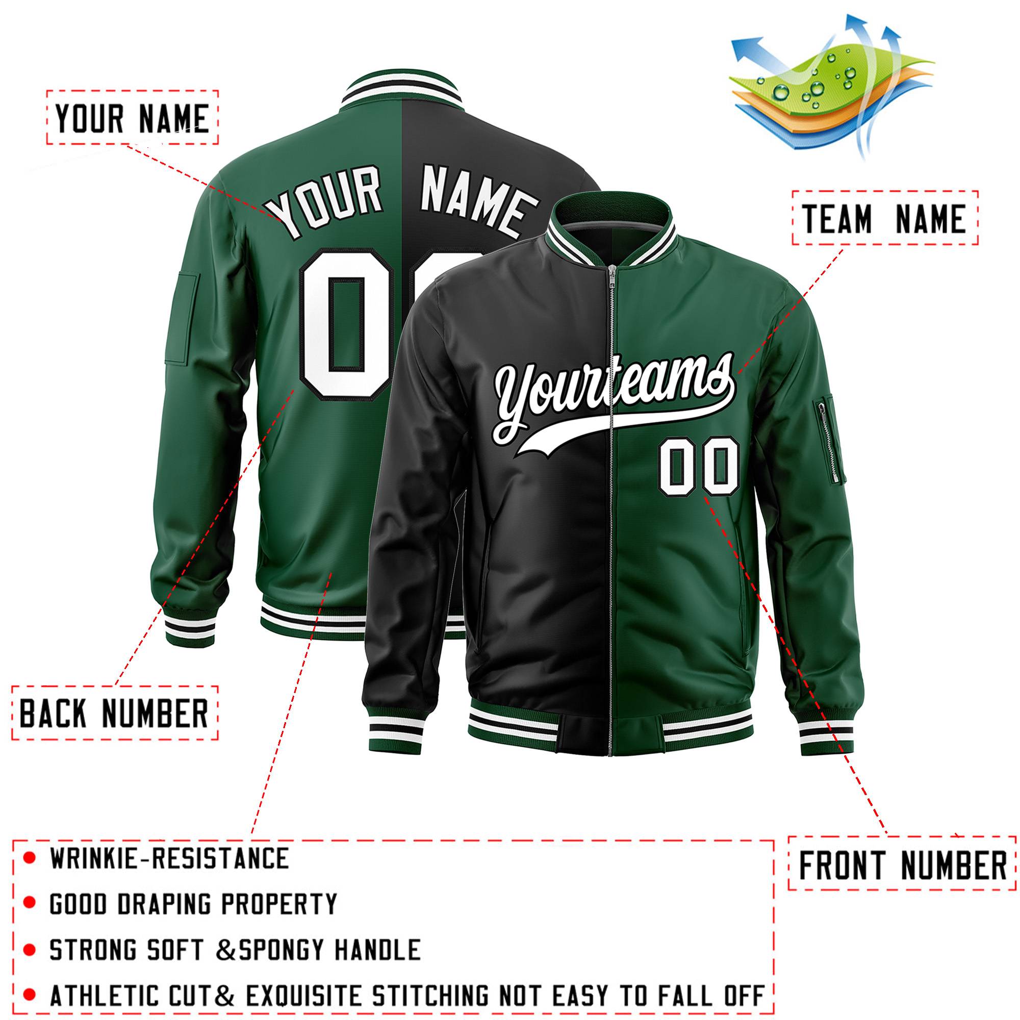 Custom Black Green Split Varsity Full-Zip Two Tone Letterman Bomber Jacket