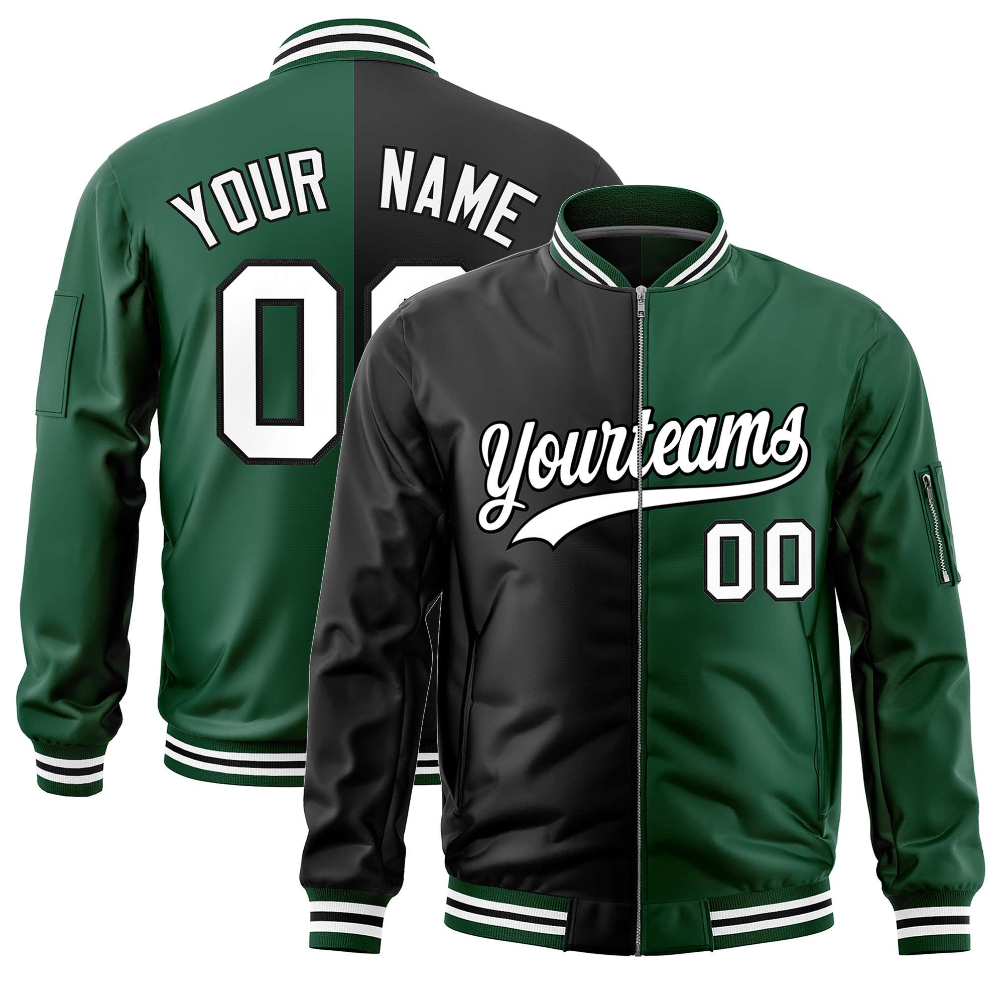 Custom Black Green Split Varsity Full-Zip Two Tone Letterman Bomber Jacket