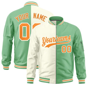 Custom Cream Light Green Split Varsity Full-Zip Two Tone Letterman Bomber Jacket