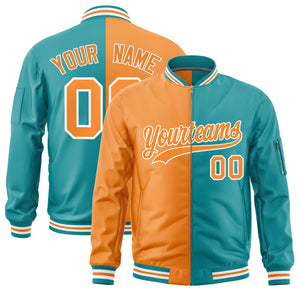 Custom Orange Aqua Split Varsity Full-Zip Two Tone Letterman Bomber Jacket