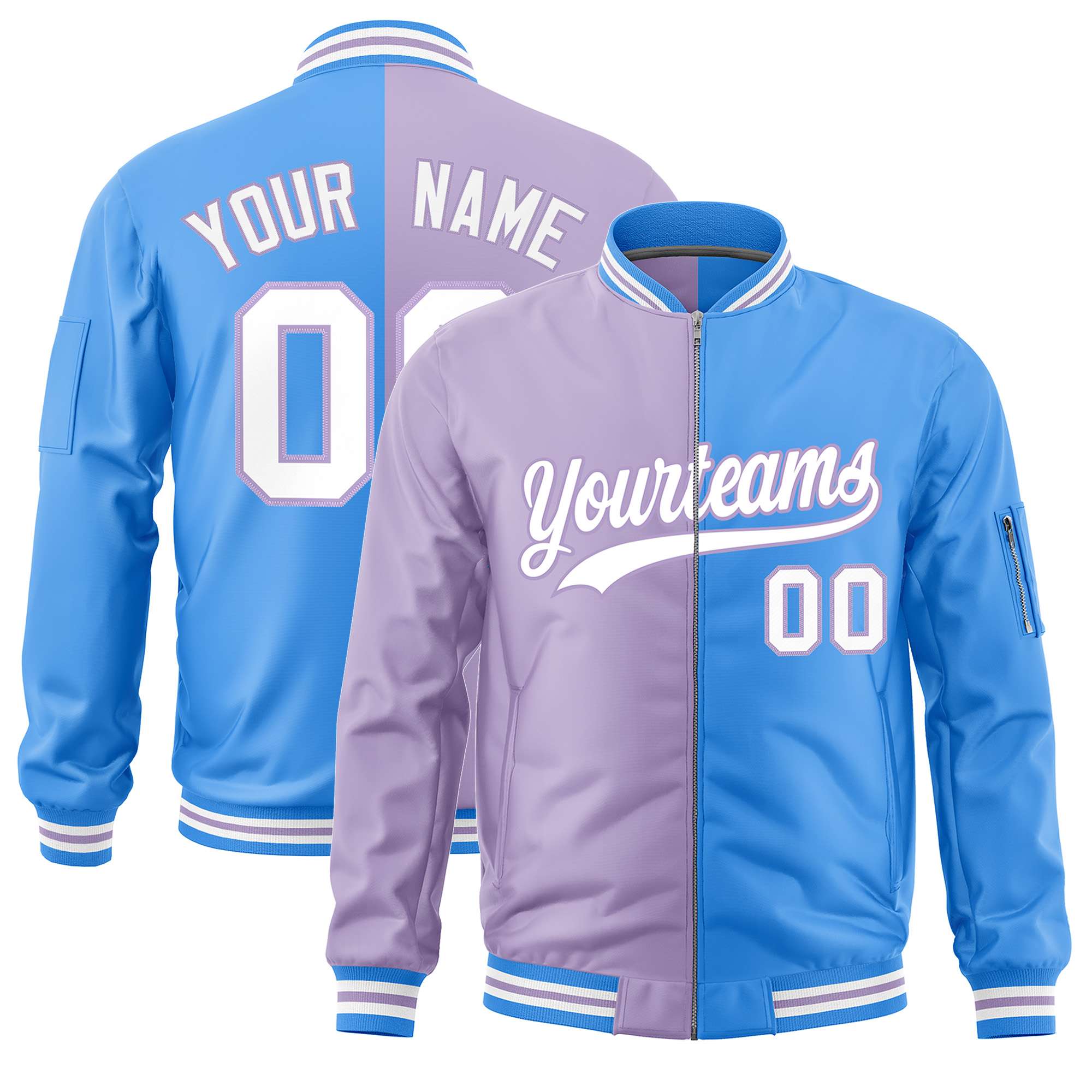 Custom Light Purple Powder Blue Split Varsity Full-Zip Two Tone Letterman Bomber Jacket