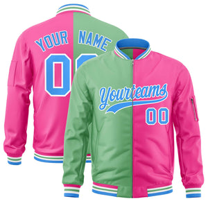 Custom Light Green Pink Split Varsity Full-Zip Two Tone Letterman Bomber Jacket