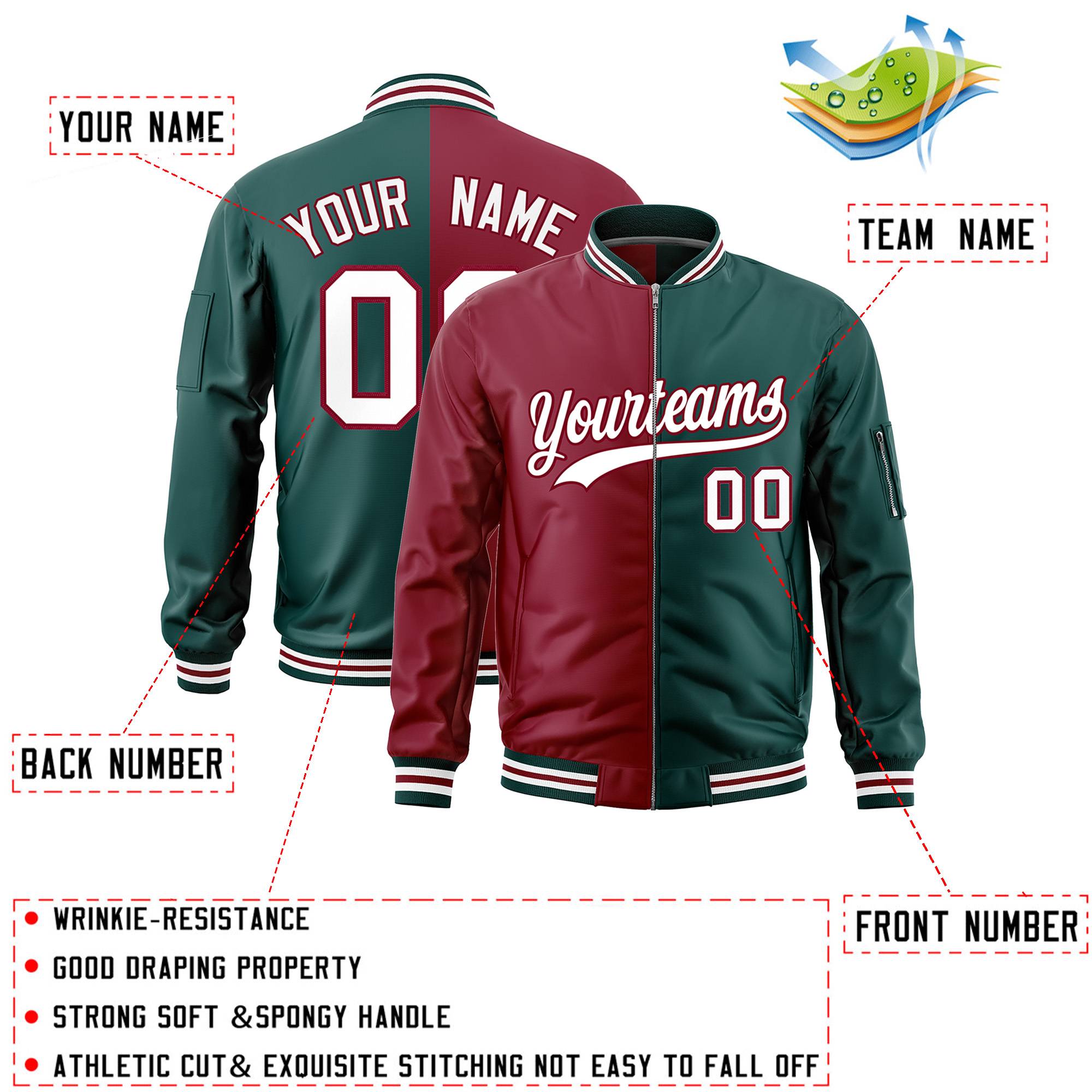 Custom Crimson Midnight Green Split Varsity Full-Zip Two Tone Letterman Bomber Jacket