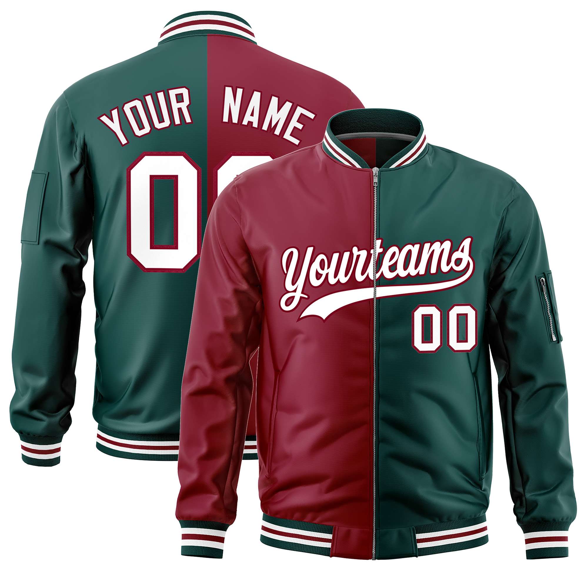 Custom Crimson Midnight Green Split Varsity Full-Zip Two Tone Letterman Bomber Jacket