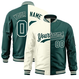 Custom Cream Midnight Green Split Varsity Full-Zip Two Tone Letterman Bomber Jacket