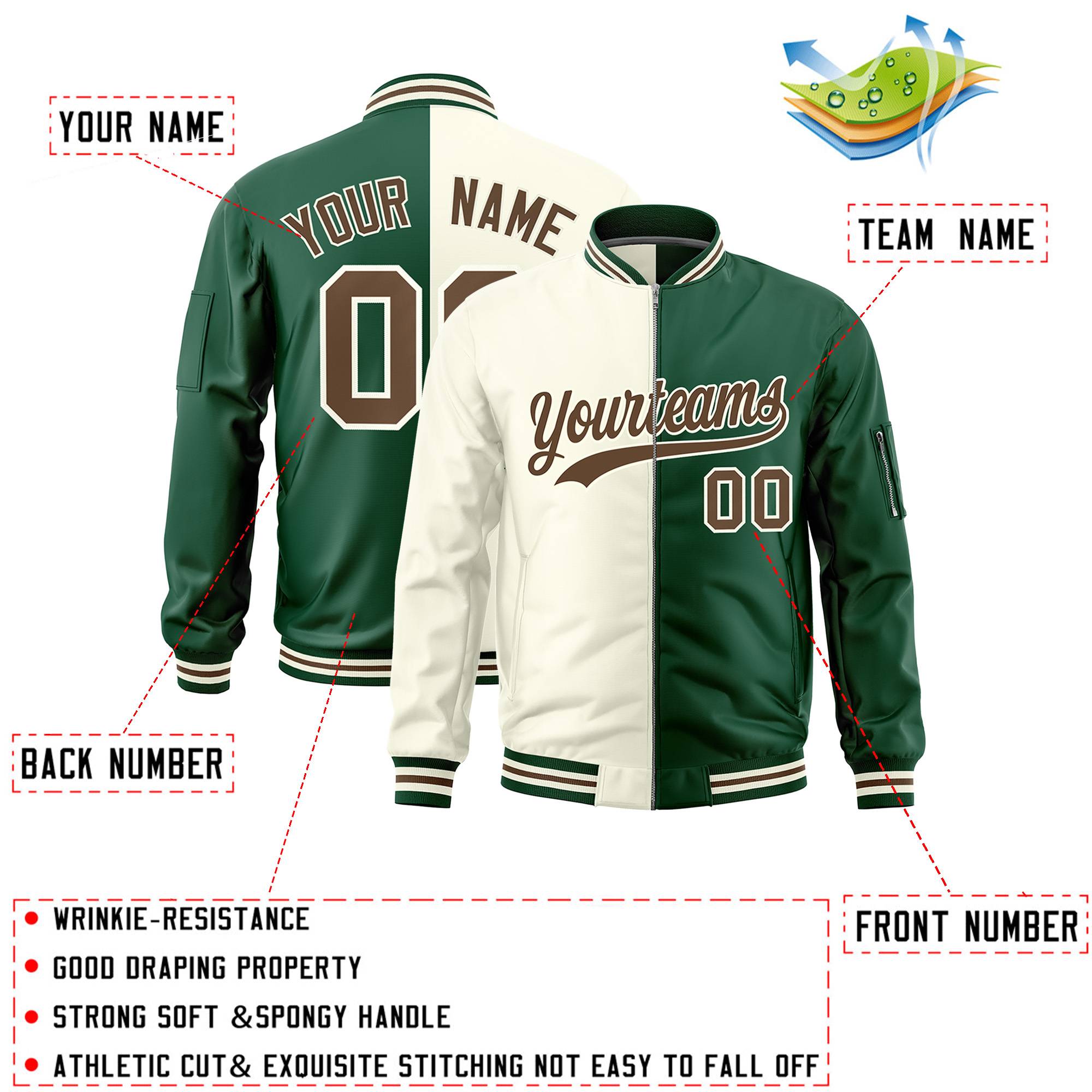 Custom Cream Green Split Varsity Full-Zip Two Tone Letterman Bomber Jacket