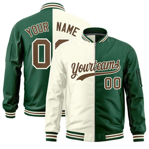 Custom Cream Green Split Varsity Full-Zip Two Tone Letterman Bomber Jacket