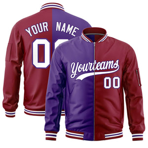 Custom Purple Crimson Split Varsity Full-Zip Two Tone Letterman Bomber Jacket