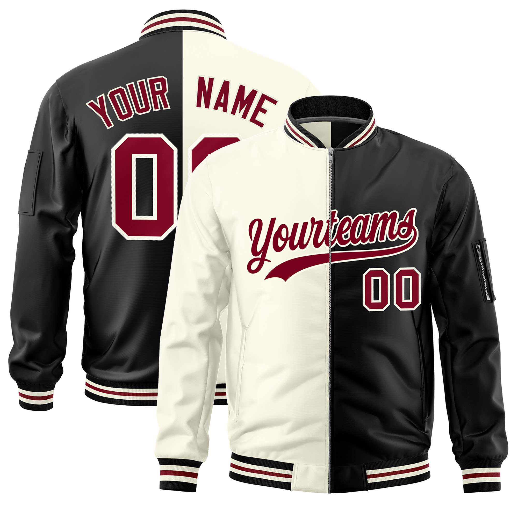 Custom Cream Black Split Varsity Full-Zip Two Tone Letterman Bomber Jacket