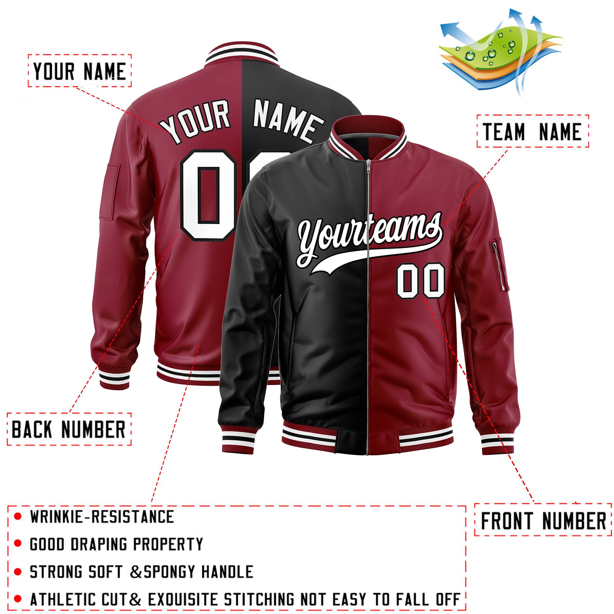 Custom Black Crimson Split Varsity Full-Zip Two Tone Letterman Bomber Jacket