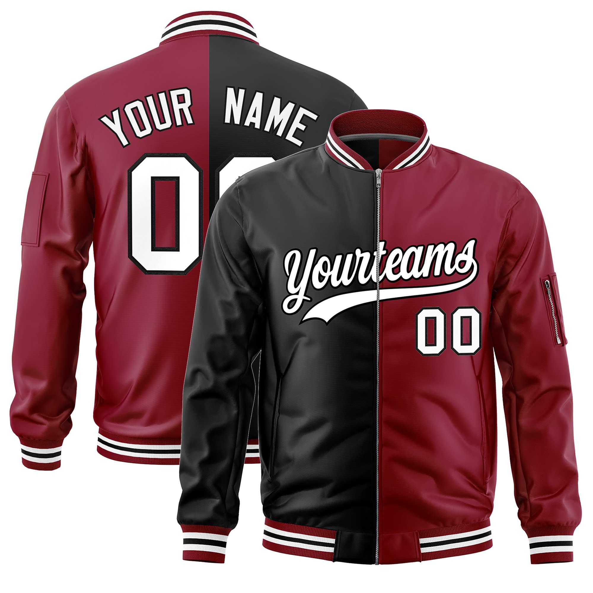 Custom Black Crimson Split Varsity Full-Zip Two Tone Letterman Bomber Jacket