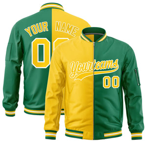 Custom Gold Kelly Green Split Varsity Full-Zip Two Tone Letterman Bomber Jacket