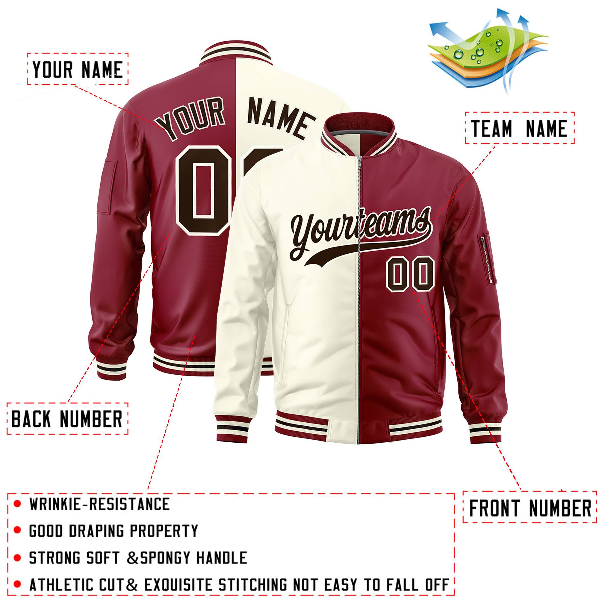 Custom Cream Crimson Split Varsity Full-Zip Two Tone Letterman Bomber Jacket