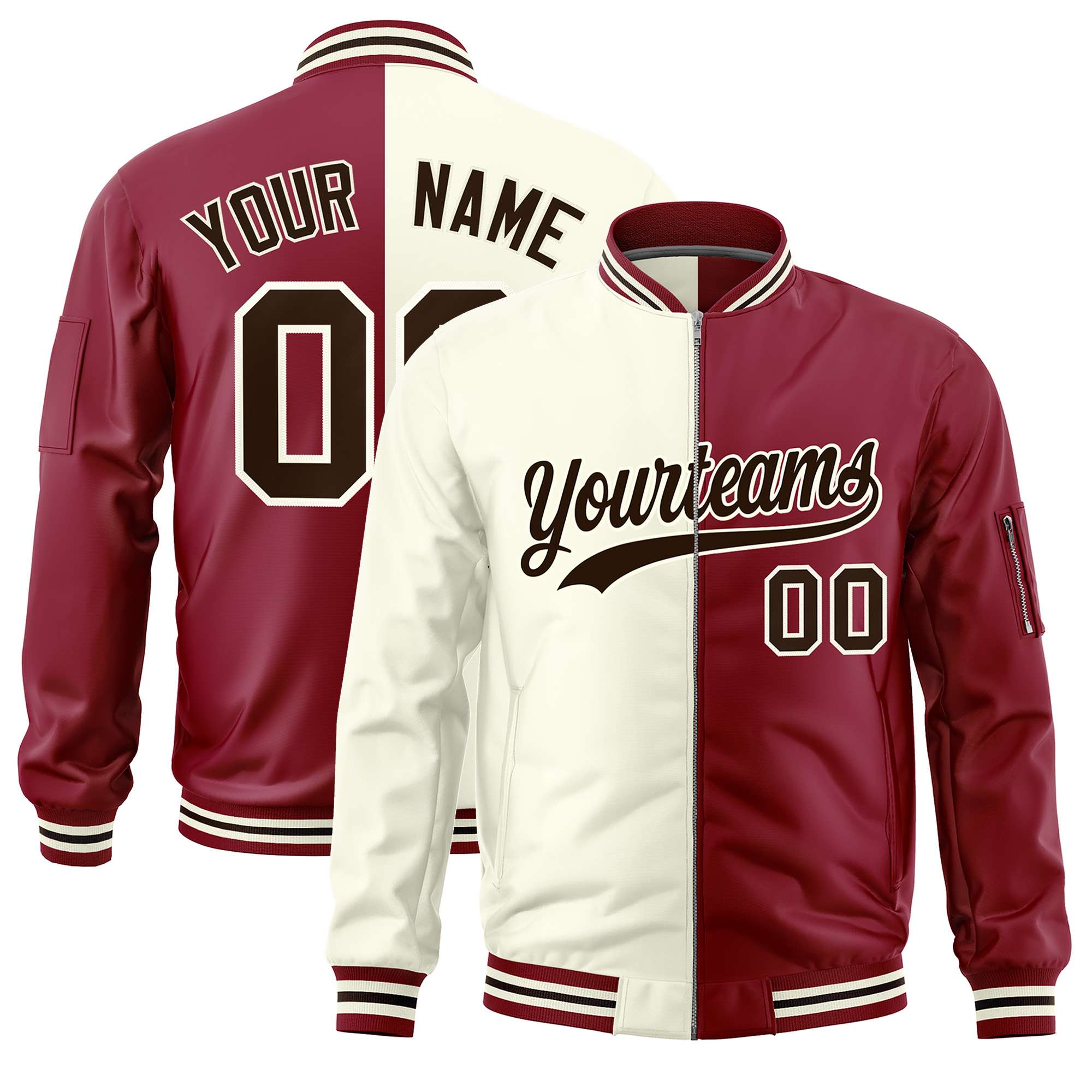 Custom Cream Crimson Split Varsity Full-Zip Two Tone Letterman Bomber Jacket