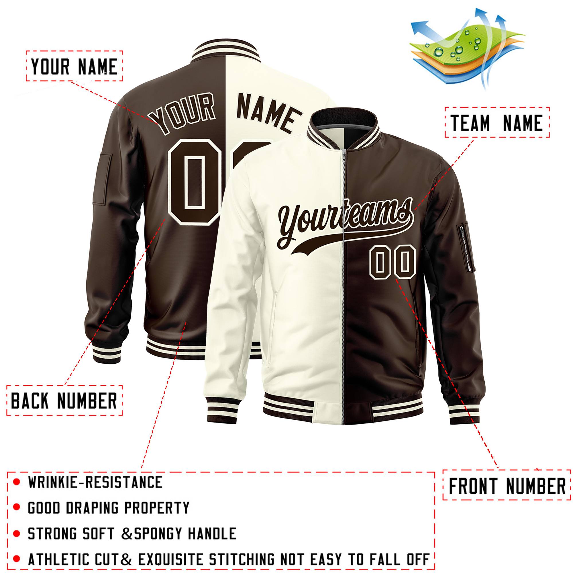 Custom Cream Brown Split Varsity Full-Zip Two Tone Letterman Bomber Jacket