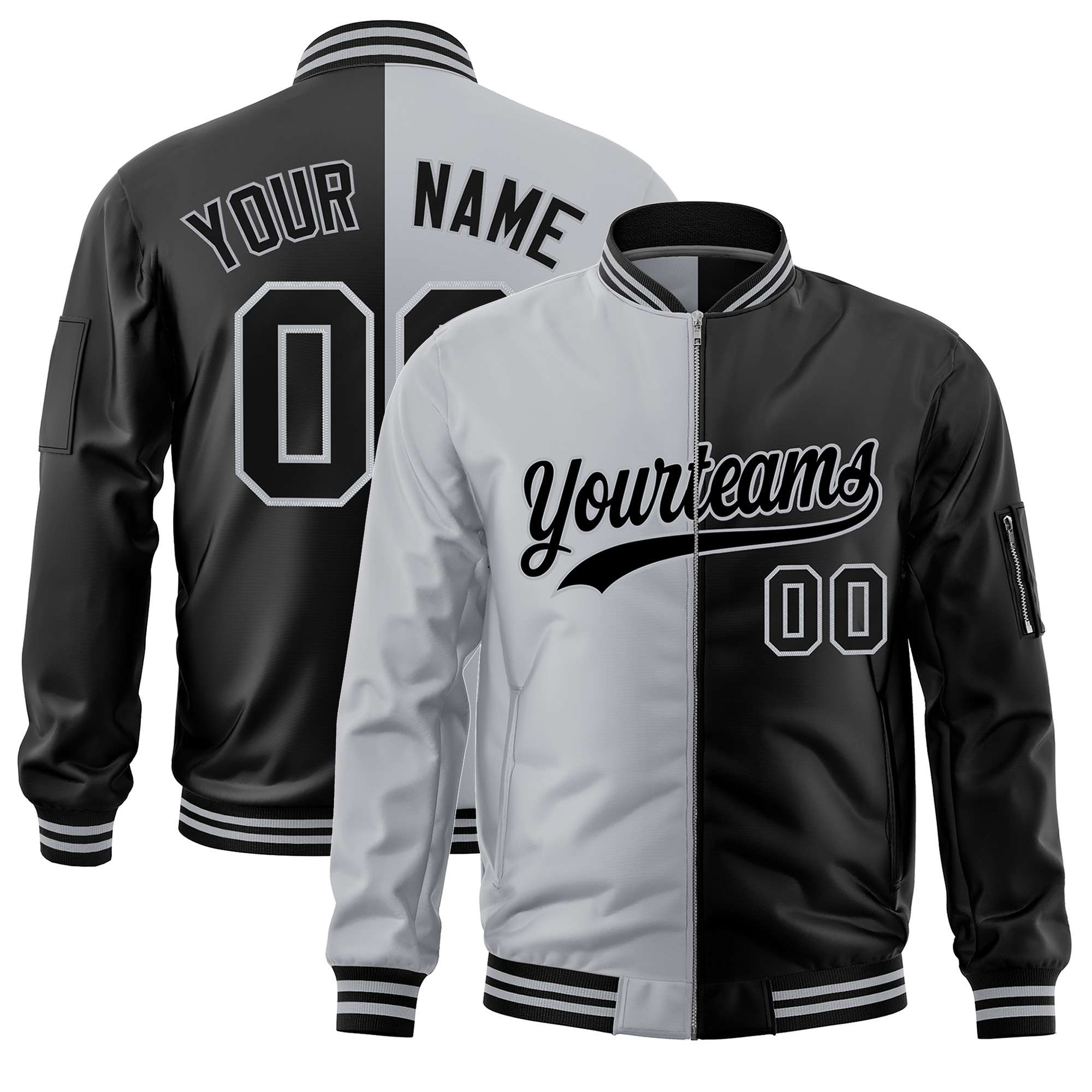 Custom Gray Black Split Varsity Full-Zip Two Tone Letterman Bomber Jacket