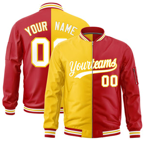 Custom Gold Red Split Varsity Full-Zip Two Tone Letterman Bomber Jacket