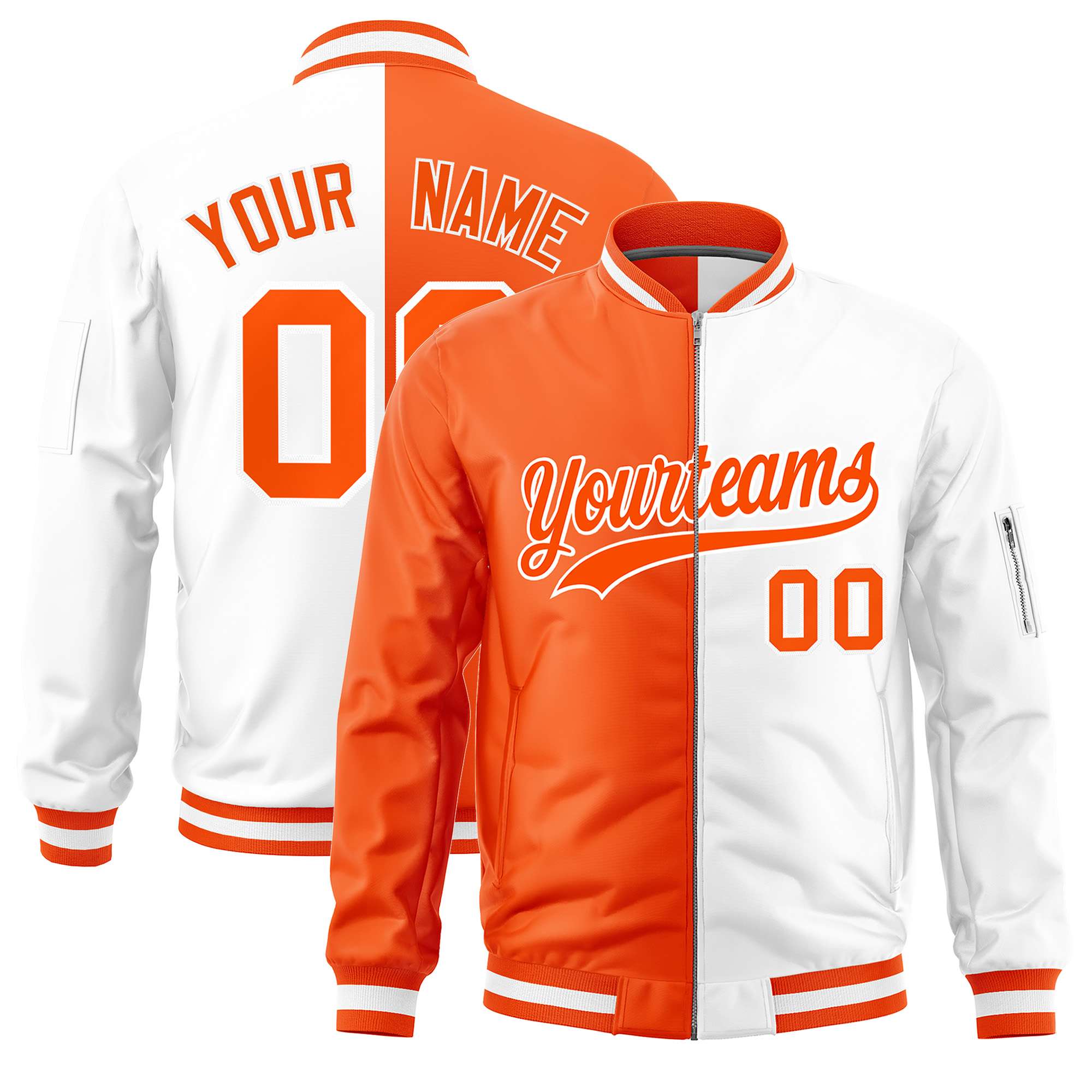 Custom Orange White Split Varsity Full-Zip Two Tone Letterman Bomber Jacket