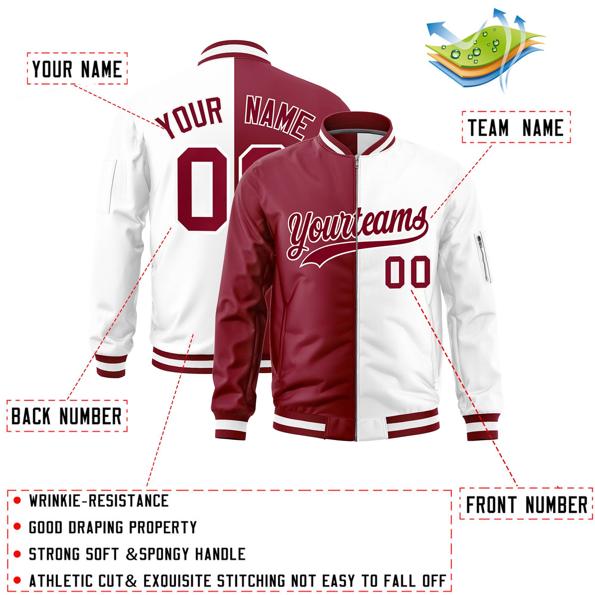 Custom Crimson White Split Varsity Full-Zip Two Tone Letterman Bomber Jacket