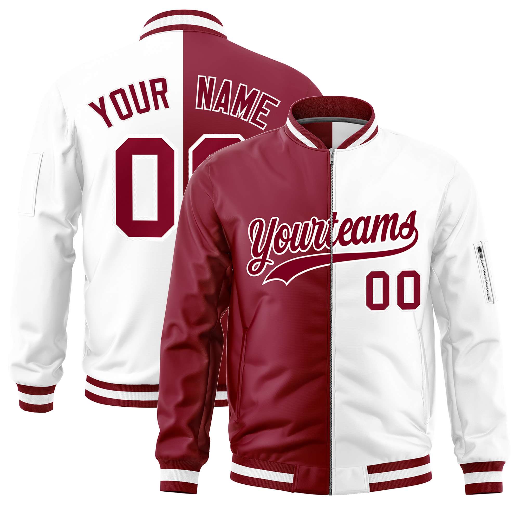 Custom Crimson White Split Varsity Full-Zip Two Tone Letterman Bomber Jacket