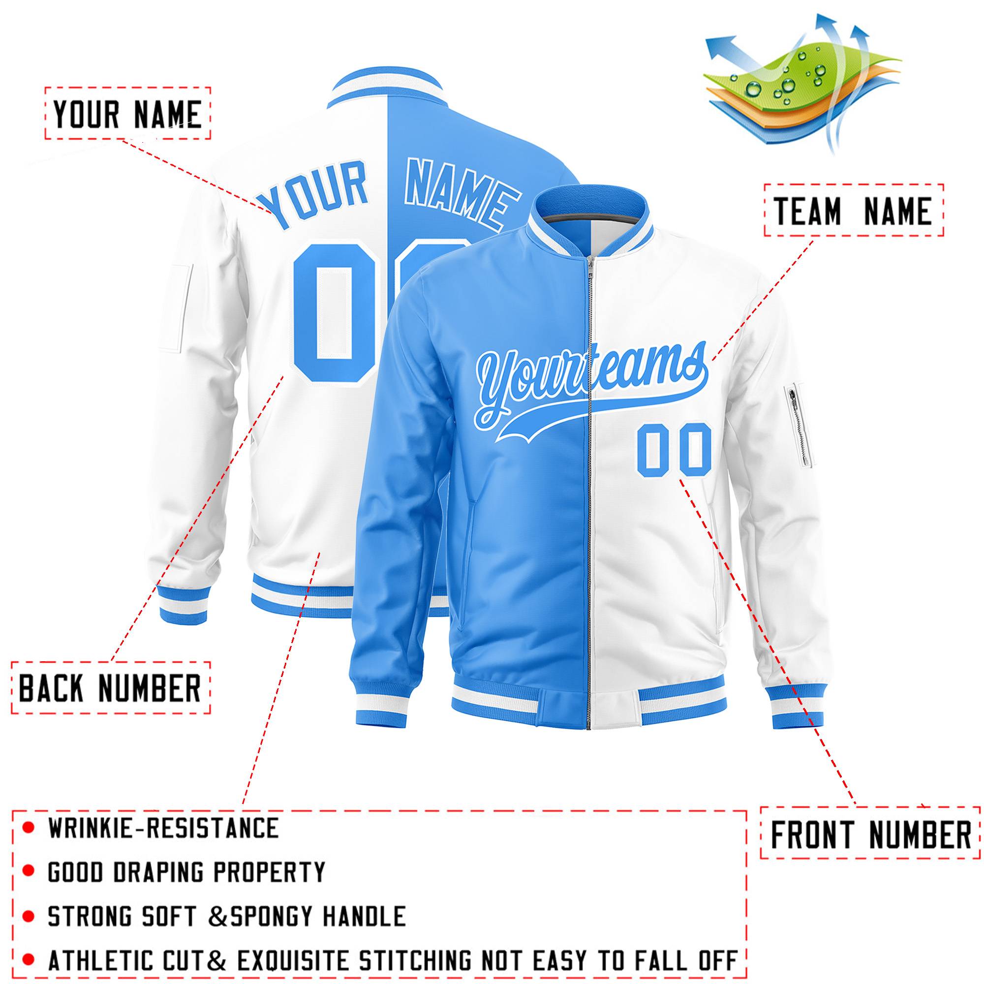 Custom Powder Blue White Split Varsity Full-Zip Two Tone Letterman Bomber Jacket