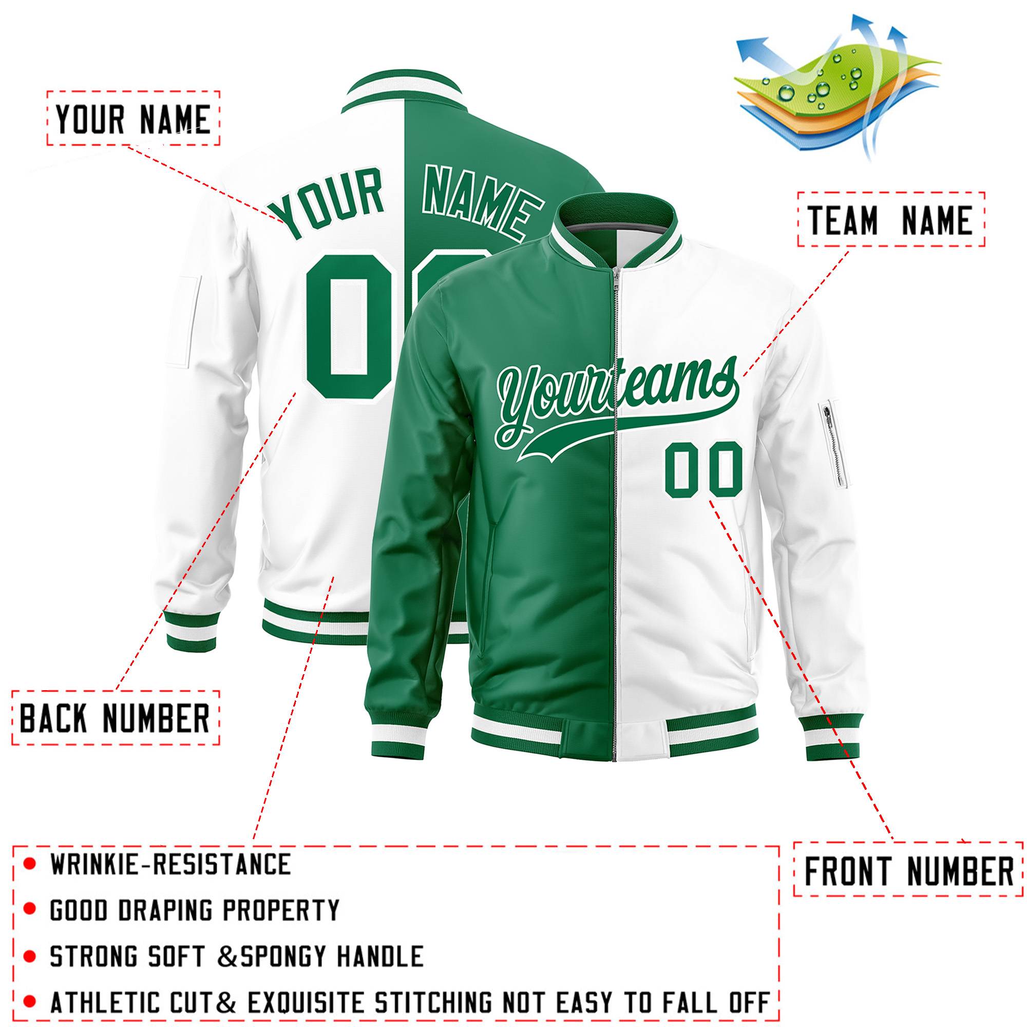 Custom Kelly Green White Split Varsity Full-Zip Two Tone Letterman Bomber Jacket