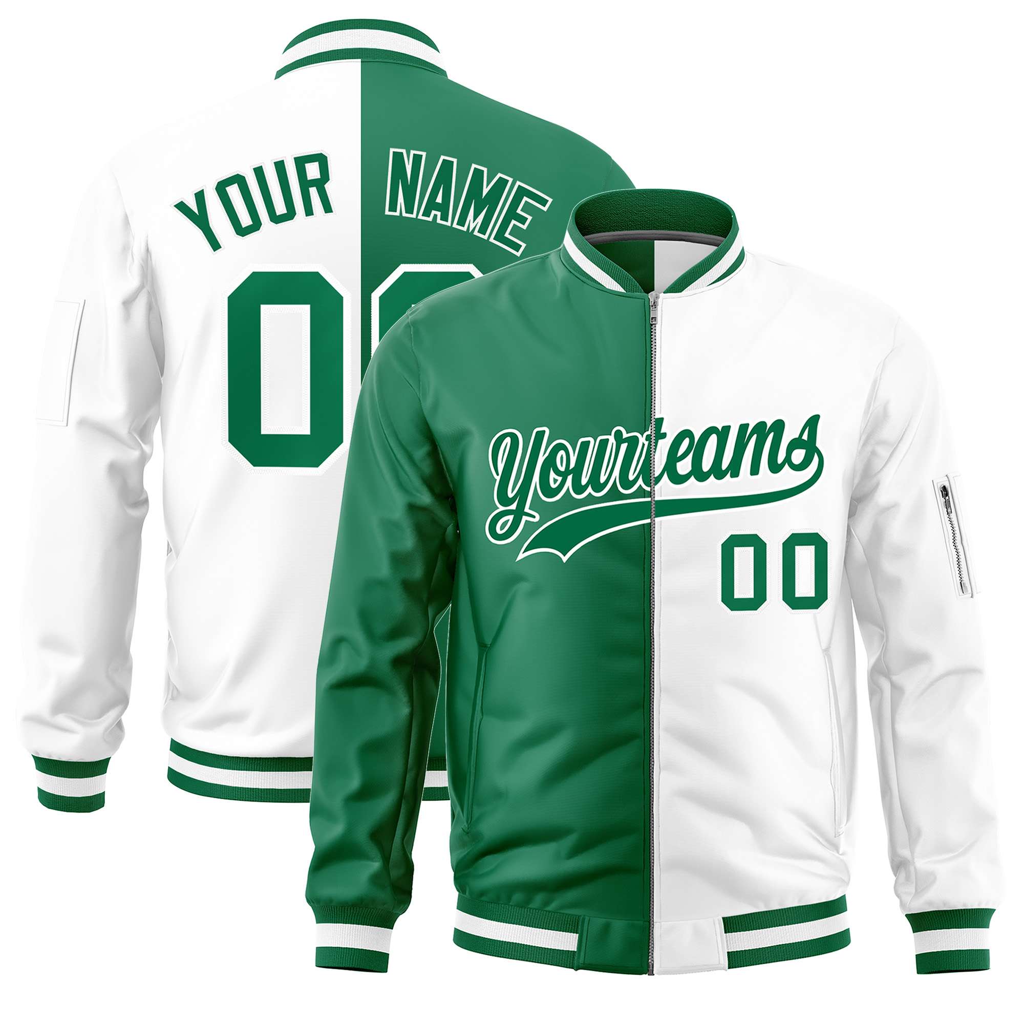 Custom Kelly Green White Split Varsity Full-Zip Two Tone Letterman Bomber Jacket