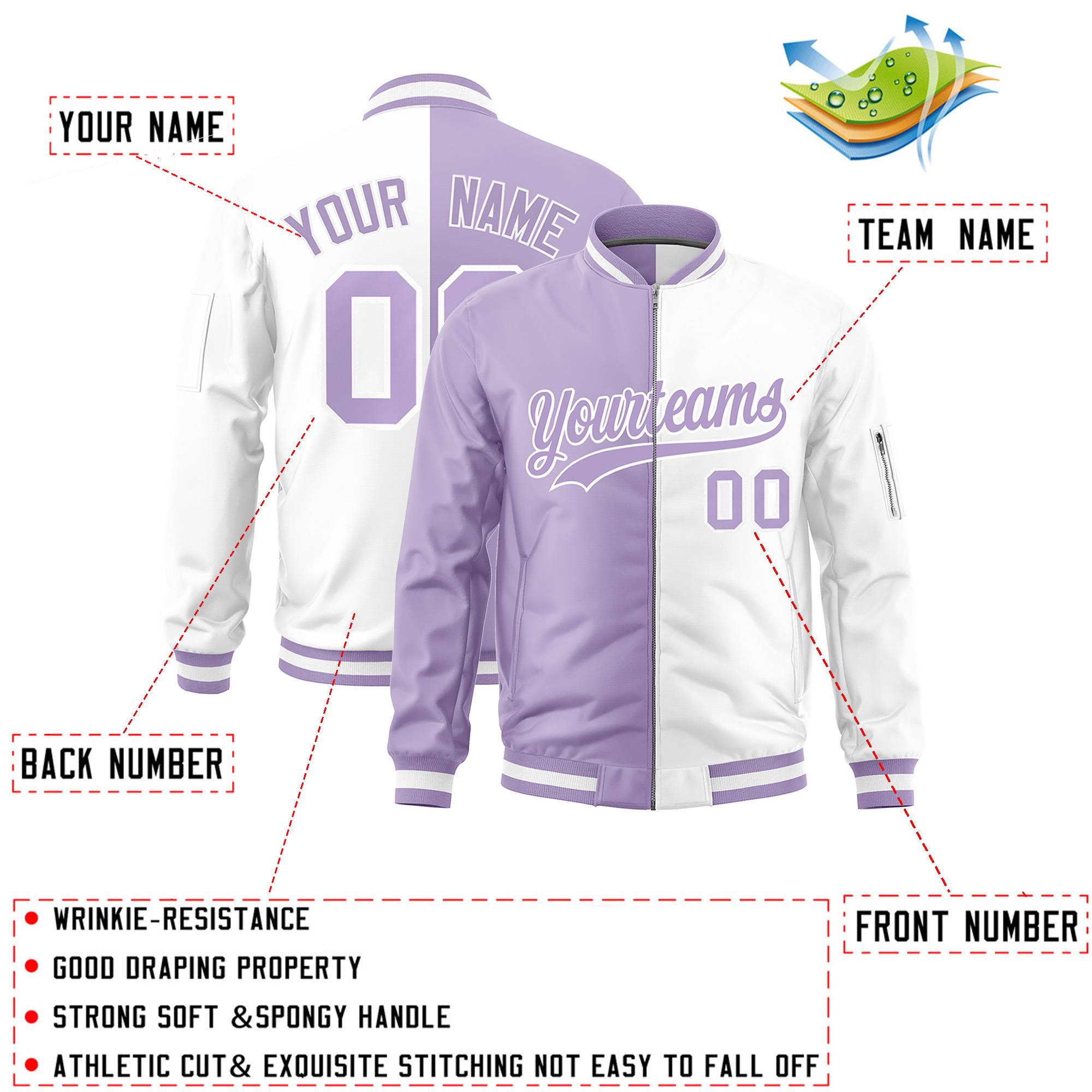 Custom Light Purple White Split Varsity Full-Zip Two Tone Letterman Bomber Jacket