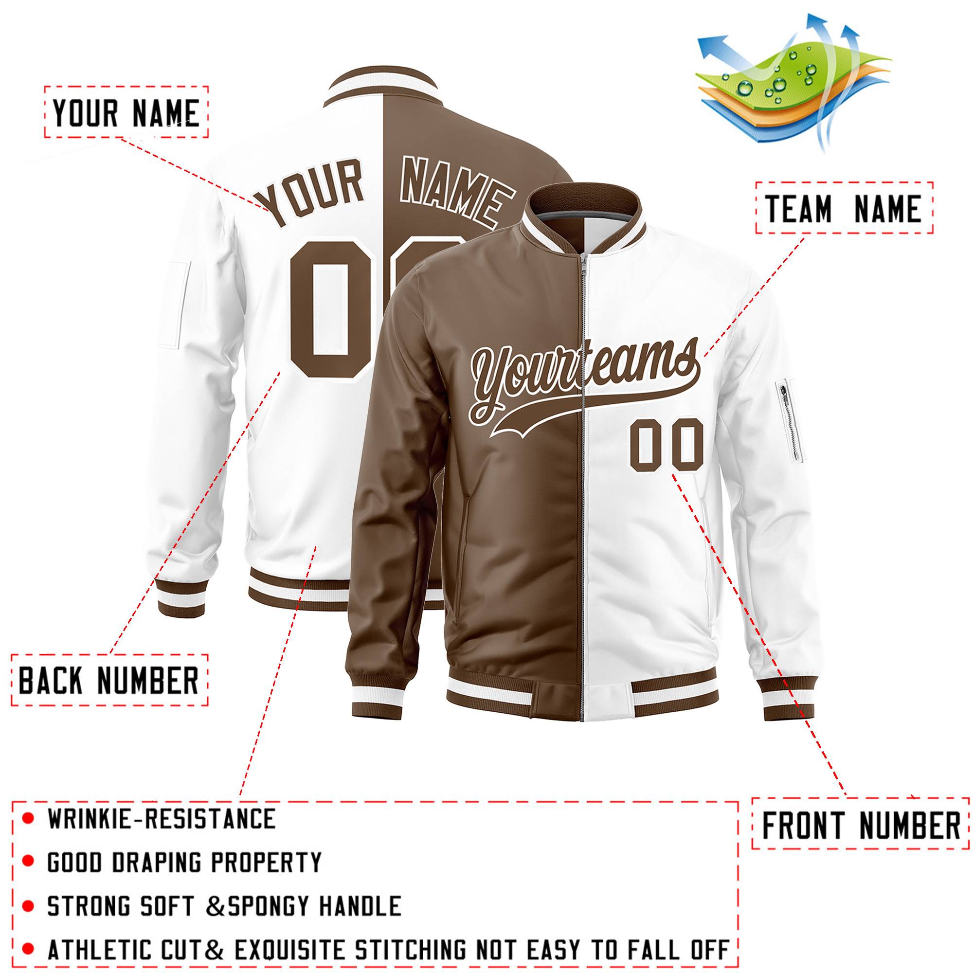 Custom Light Brown White Split Varsity Full-Zip Two Tone Letterman Bomber Jacket