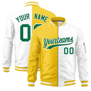 Custom Gold White Split Varsity Full-Zip Two Tone Letterman Bomber Jacket