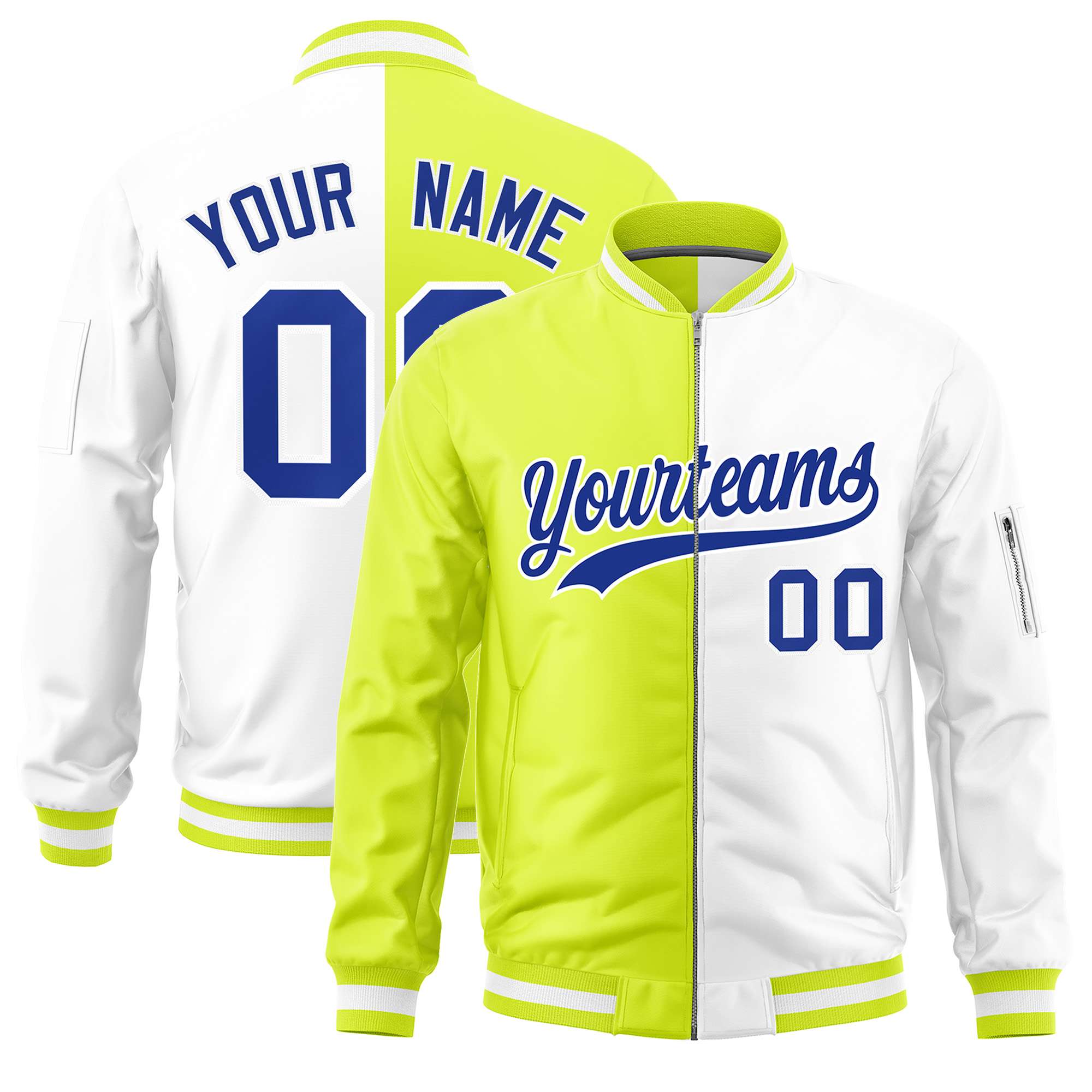 Custom Fluorescent Green White Split Varsity Full-Zip Two Tone Letterman Bomber Jacket