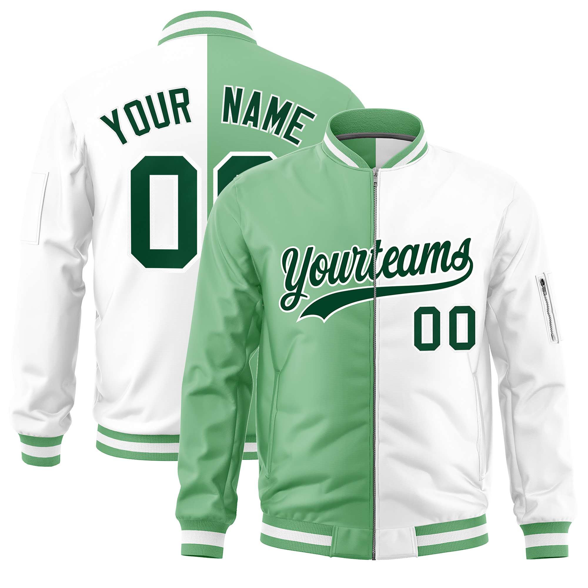 Custom Light Green White Split Varsity Full-Zip Two Tone Letterman Bomber Jacket