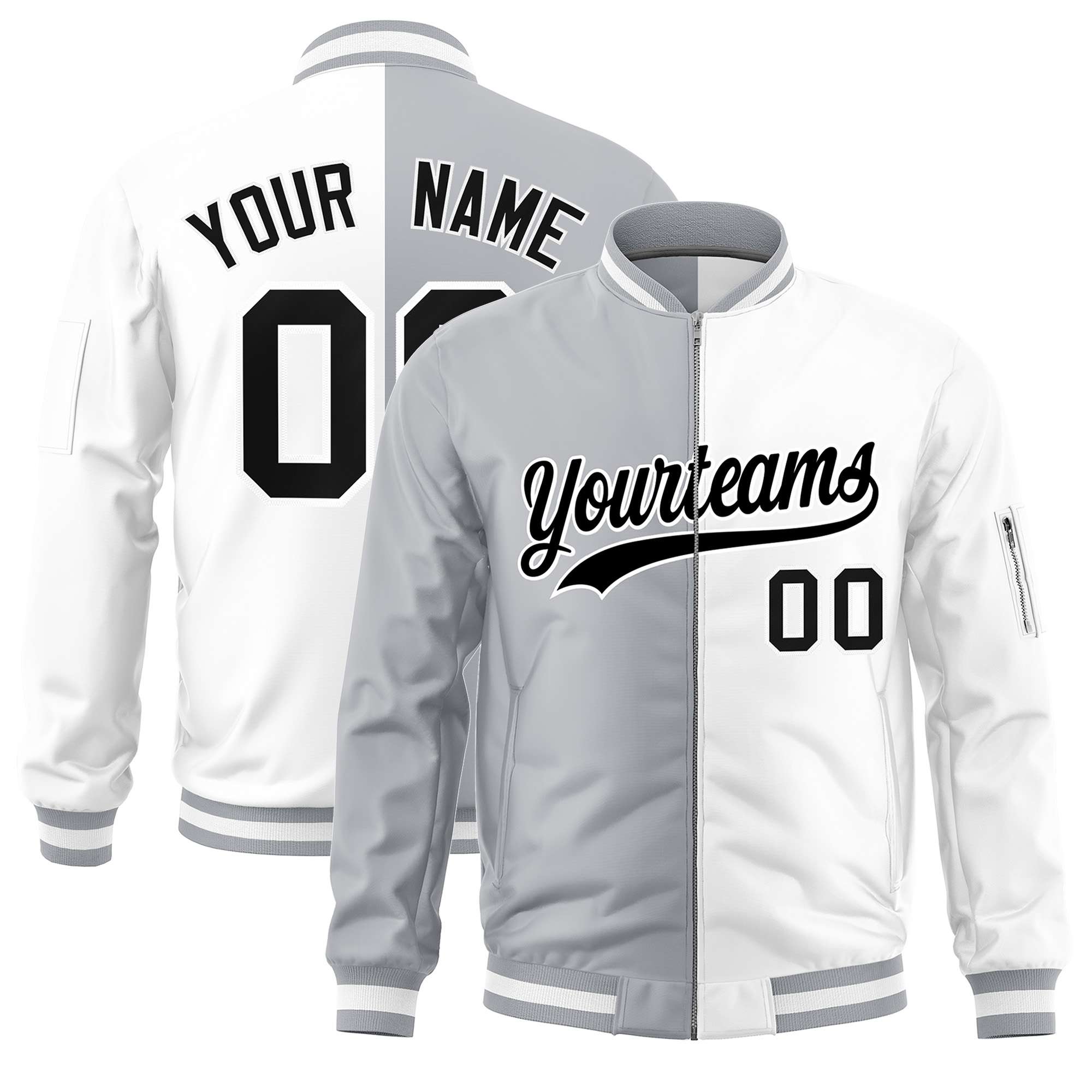 Custom Gray White Split Varsity Full-Zip Two Tone Letterman Bomber Jacket