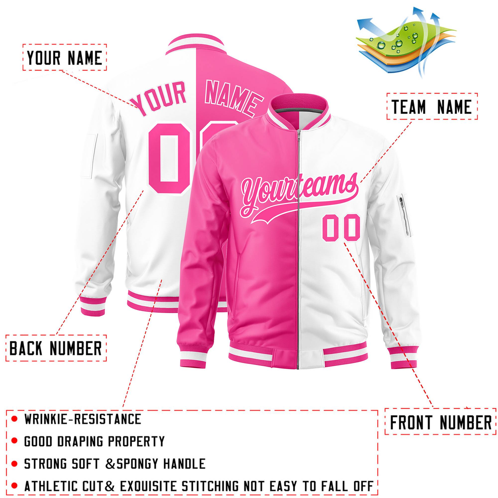 Custom Pink White Split Varsity Full-Zip Two Tone Letterman Bomber Jacket