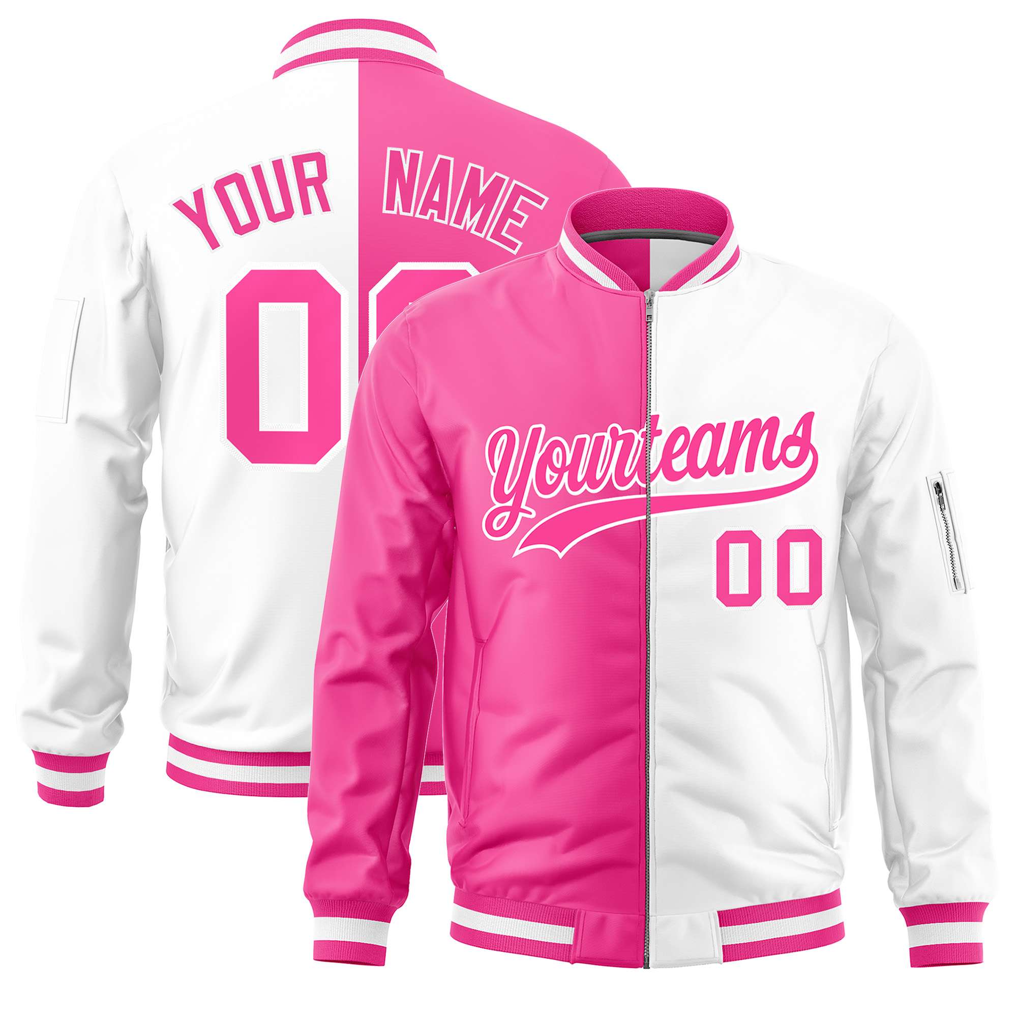 Custom Pink White Split Varsity Full-Zip Two Tone Letterman Bomber Jacket